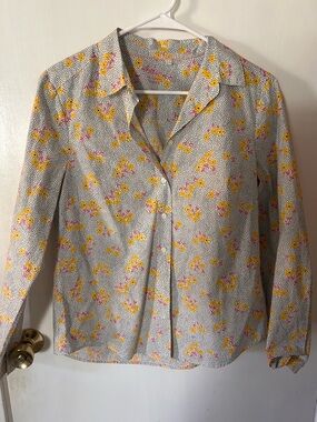 Boden White Button-Front Blouse with Yellow and Pink Floral Print